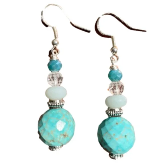 𝅺STERLING Silver Earrings Genuine Howlite Beads Ocean Blues & Clear Crystals - Picture 7 of 7